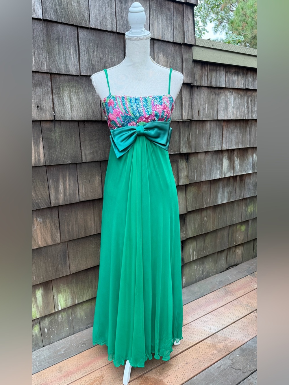 Vintage formal green maxi dress sheer chiffon sleeveless multicolor sequins XS